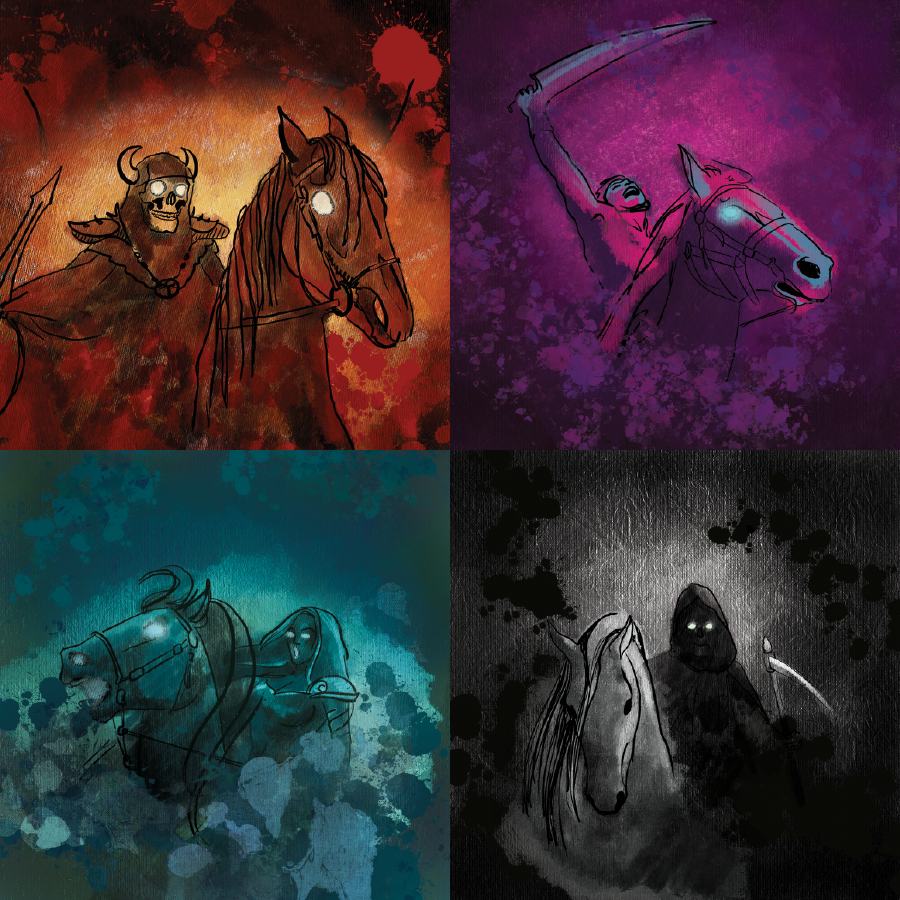 Illustrations of each of the Four Horsemen of the Apocalypse: War, Famine, Plague, and Death
